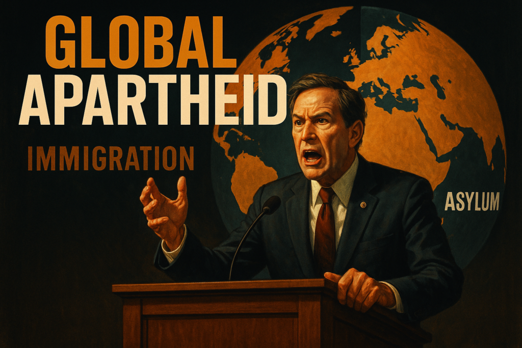 A cinematic image of a concerned US senator speaking passionately at a podium, with an expressive face that conveys urgency, set against a backdrop of a divided globe highlighting issues of immigration and asylum. The colors are vibrant with contrasting hues of black and bronze, and the composition uses the rule of thirds to guide attention. Incorporate bright lighting to emphasize the senator and create emotional impact. Overlay the high impact phrase 'GLOBAL APARTHEID' in bold, capitalized font, with 'GLOBAL' in bronze, 'APARTHEID' in white, ensuring the entire text pops against the vivid background, with a clear focus and ample space from the margins.