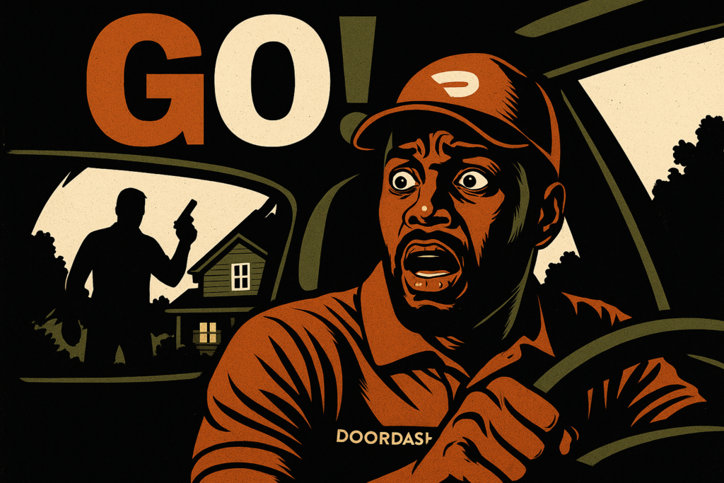 A cinematic image of a distressed Black DoorDash driver in a car, looking shocked and fearful, with a suburban home and a silhouette of a man holding a firearm in the background, bright contrasting colors to highlight the intense emotion, featuring the high impact phrase 'GO!' in bold Bronze, White, and Olive letters, all caps, with a clean composition that guides the viewer's eye and emphasizes the tension of the scene.