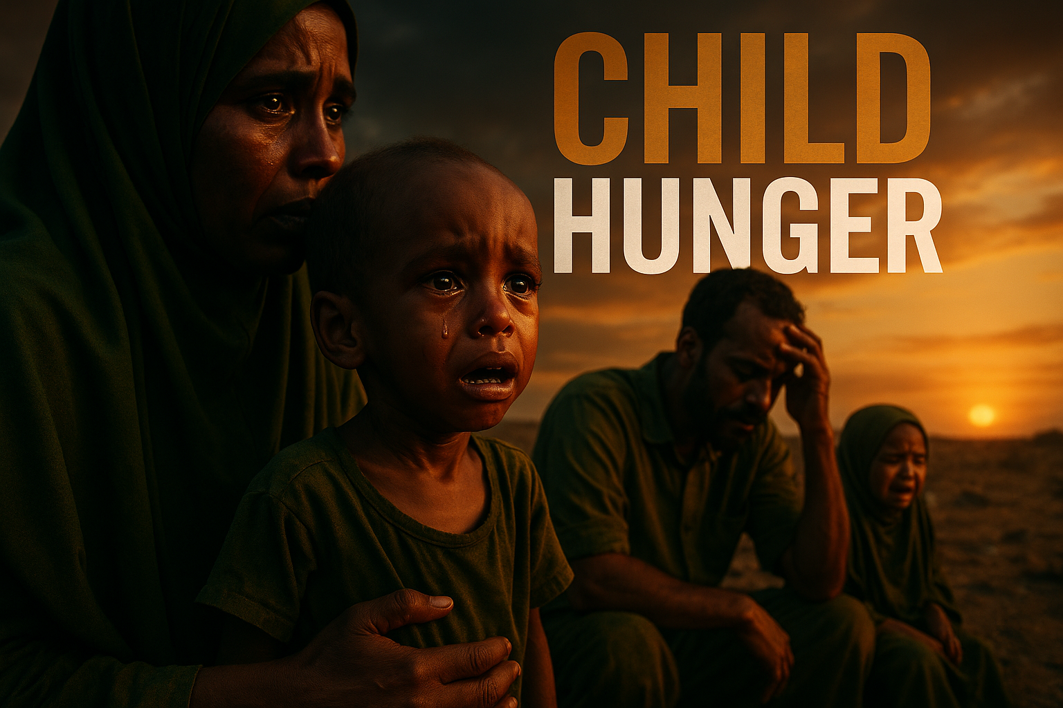 A cinematic image of a devastated Somali family in a barren landscape, with a malnourished child visible in the foreground, tears in their eyes as they look towards the horizon, symbolizing hope amidst despair. Use bright, contrasting colors to highlight their emotional expressions, with a focus on olive green hues in the clothing and bronze tones in the setting sun. Incorporate dramatic lighting to create depth and intensity, and apply the rule of thirds to draw attention to the child's face. Overlay the phrase 'CHILD HUNGER' in large, impactful font: 'CHILD' in bronze, 'HUNGER' in white, ensuring both words pop against the background, placed outside of the 15% safe zone.