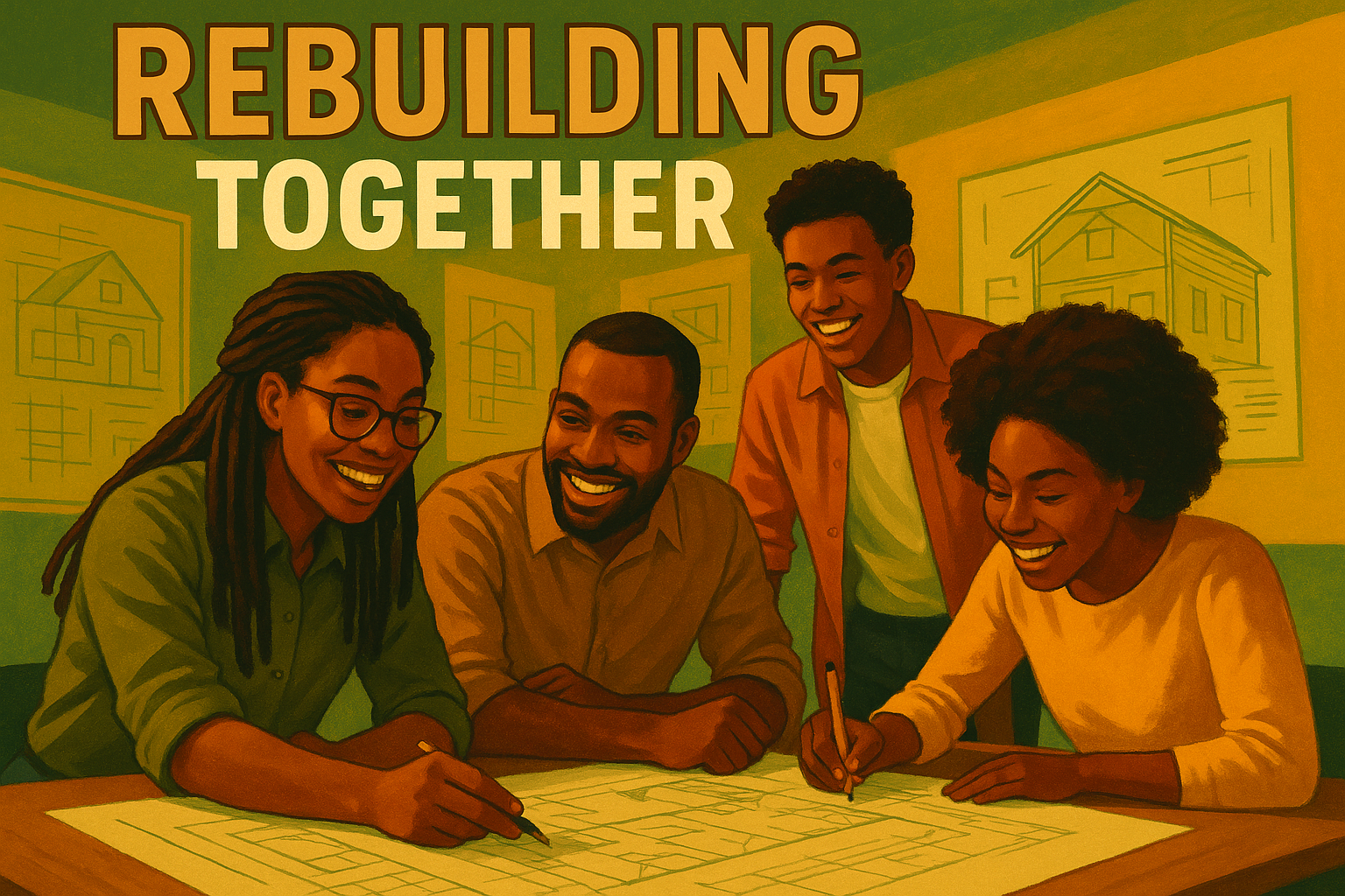 A cinematic image of a diverse group of Black architects and student leaders actively engaging in a collaborative workshop session in a community space, displaying a sense of unity and purpose. The background should feature architectural designs and plans for rebuilding homes, symbolizing resilience and hope. Use bright, contrasting colors of olive green and bronze to highlight their passion and energy. Incorporate warm, vibrant lighting to evoke a sense of community and recovery. The high impact phrase 'REBUILDING TOGETHER' should be prominently displayed in an engaging font, with 'REBUILDING' in Bronze, 'TOGETHER' in White, all caps, and adjusted for visual balance. Ensure the text stands out against the background to capture attention, maintaining a simple yet powerful composition.
