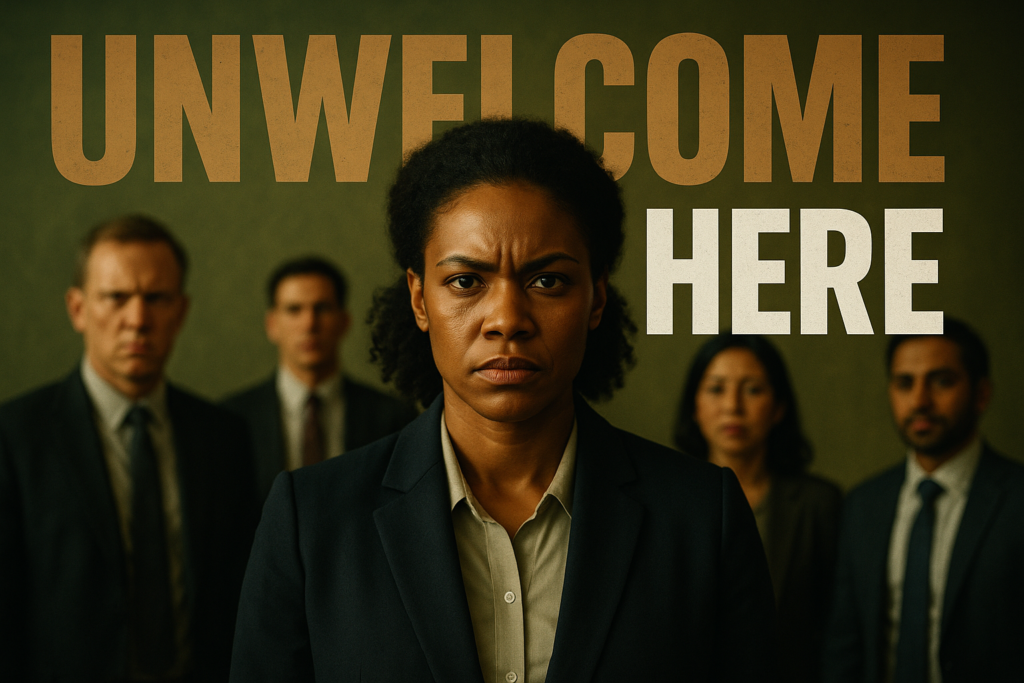 A cinematic image of a determined Black woman in a professional setting, her expression exuding strength and resilience, surrounded by diverse backgrounds symbolizing both hostility and support, with contrasting colors of Olive Green and Bronze enhancing the emotional depth, all while featuring the high impact phrase 'UNWELCOME HERE' in bold, striking font: 'UNWELCOME' in Bronze, 'HERE' in White, using a large, captivating size—no borders, utilizing the full canvas, ensuring visual balance and intrigue.