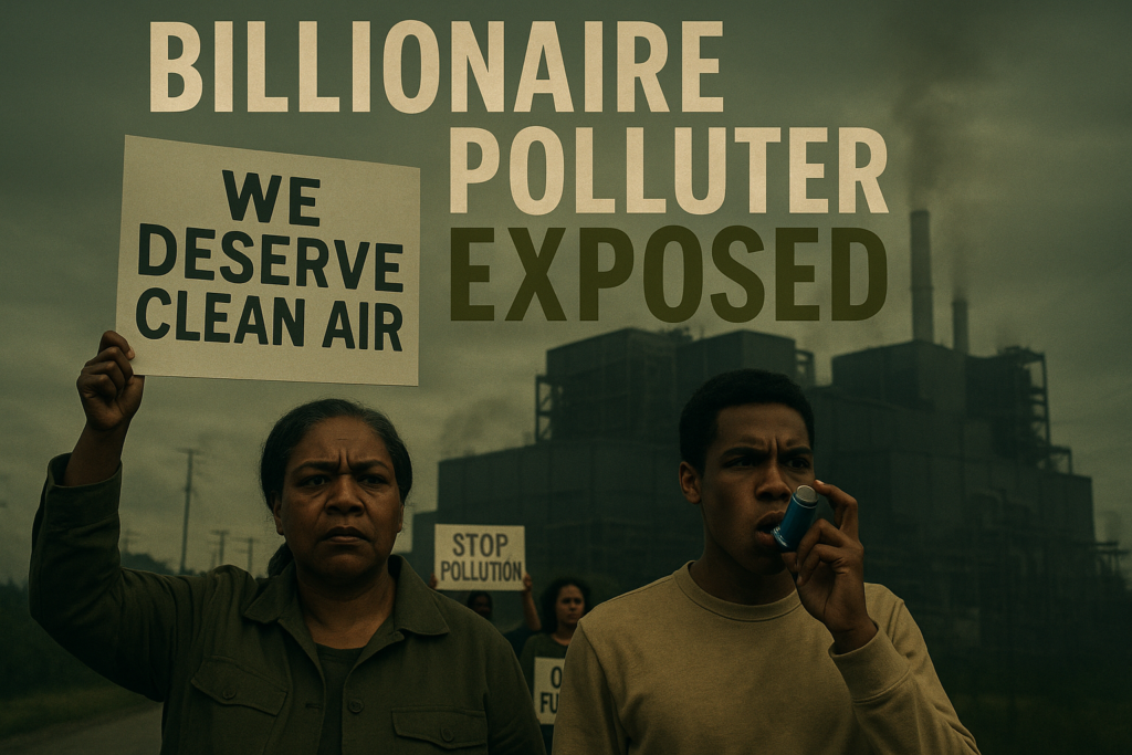 A cinematic image of a diverse group of concerned Black residents standing united in front of the xAI supercomputer plant, displaying expressions of determination and resilience against environmental injustice. The background showcases the imposing structure of the facility with visible dark smoke and pollutants in the air. Utilize strong contrast between the bright colors of the residents' clothing and the industrial backdrop, incorporating the brand colors: Black (#000000) for the plant, Olive Green (#778956) for nature elements surrounding the community, and Bronze (#966327) for highlights on the residents. The text overlay reads 'NOT A SACRIFICE ZONE' in large, bold font, where "NOT A" is in Bronze, "SACRIFICE" in White, and "ZONE" in Olive, with the words separated from the background to make them pop, ensuring placement outside of the 15% safe zone from the margins.