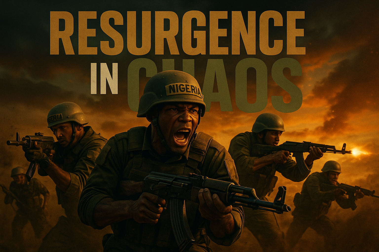 A cinematic image of a tense scene capturing the Nigerian army in a dramatic struggle against Boko Haram, featuring soldiers in tactical gear with intense expressions, set against a vibrant backdrop of contrasting colors—dark olive green and bronze armor against a striking sunset. Central to the image, the high impact phrase 'RESURGENCE IN CHAOS' in bold, large letters: 'RESURGENCE' in bronze, 'IN' in white, 'CHAOS' in olive green, strategically placed to grab attention while ensuring clarity and balance within a strong composition.