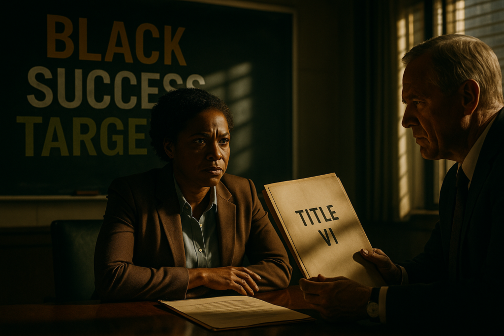 a vivid, cinematic scene using the Sony FX6 camera under dramatic high-contrast lighting, framing a tense standoff in a modern urban Chicago school boardroom where, in the foreground, an African American school administrator (mid-40s, professional attire) sits at a conference table looking resolute and defiant, while opposite her a white male federal investigator (late 50s, stern expression) presents a thick investigation file stamped "TITLE VI"; in the blurred background, a chalkboard displays the phrase “BLACK STUDENT SUCCESS PLAN” in bold letters, partially erased, and behind the administrator a large window casts dramatic shadows emphasizing the gravity of the moment; the atmosphere is heavy with tension, evoking legal drama and social conflict; use photorealistic styling with deep bronze and olive green tones to symbolize resistance and institutional challenge, focusing on emotional expression—conflicted resolve versus cold scrutiny.