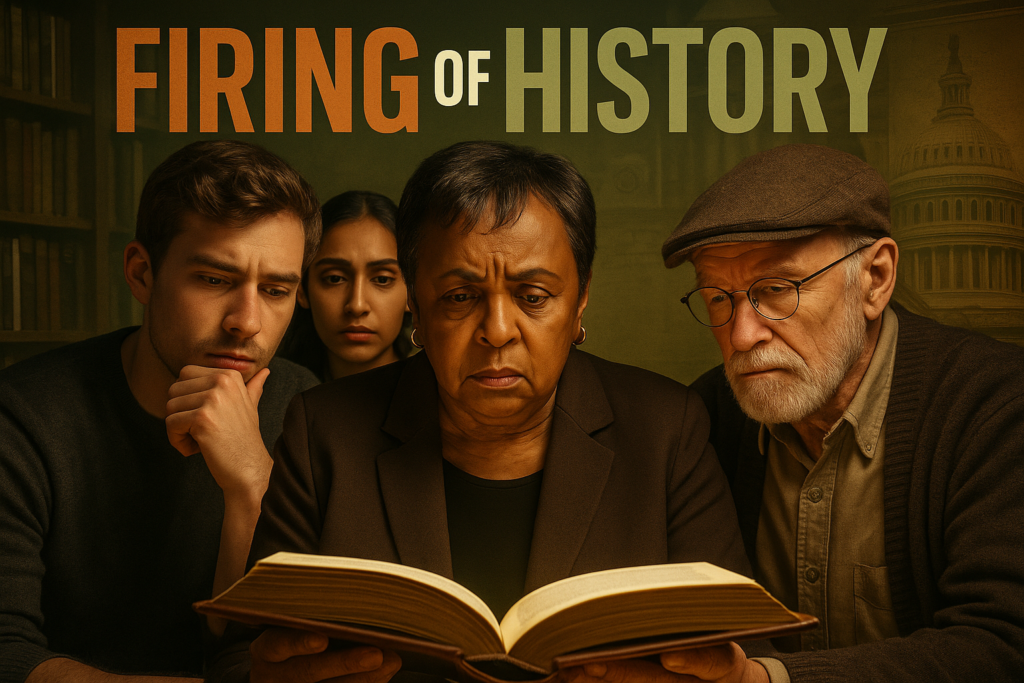 a powerful, cinematic thumbnail that captures the emotional weight of Dr. Carla Hayden's dismissal as Librarian of Congress. Feature a close-up of a pensive, diverse group of individuals representing various ages and backgrounds, gazing thoughtfully at an open book. The background should blend images of bookshelves and historical artifacts softly in olive green and bronze tones, signifying knowledge and history. Incorporate stark contrasts with bright lighting to highlight their expressions of concern and curiosity. At the top, use the high impact phrase, “FIRING OF HISTORY”, employing a bold font size of 70 pt. The word "FIRING" in Bronze, "OF" in White, and "HISTORY" in Olive Green, ensuring a dynamic separation from the background. Maintain a clear safe zone around the text elements to keep the focus sharp and impactful.