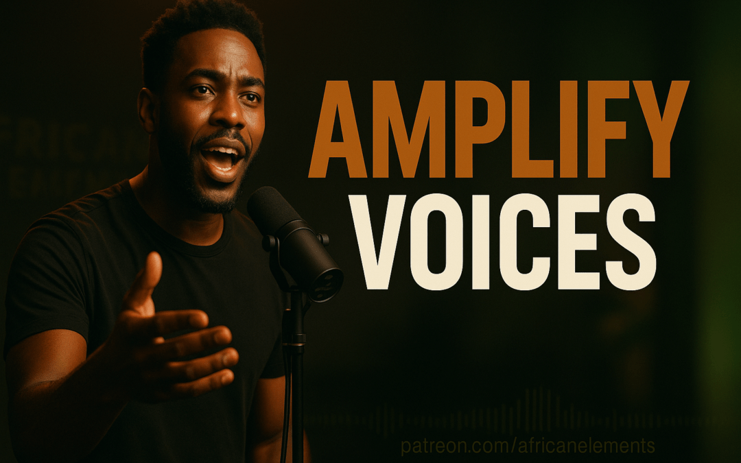 A cinematic, square-format thumbnail showing a young Black woman speaking passionately into a studio microphone under dramatic, high-contrast lighting. Below her, the bold text “AMPLIFY VOICES” appears in all caps—“AMPLIFY” rendered in bronze and “VOICES” in white—against a dark, blurred background.