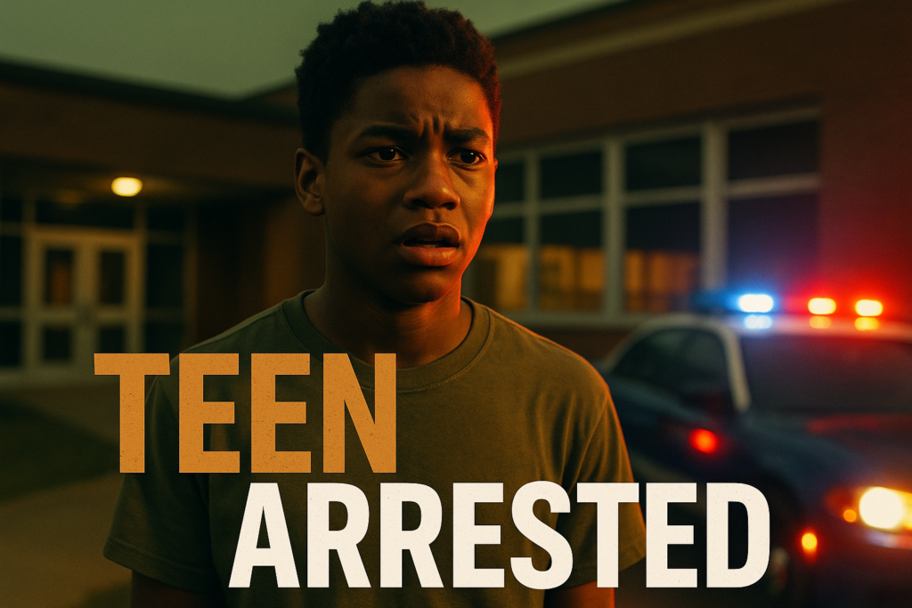 A cinematic image of a young Black teen with a distressed expression, standing outside a school building, with police lights flashing in the background. The scene conveys emotion and urgency, utilizing bright, contrasting colors of olive green, bronze, and white. The text overlay reads 'TEEN ARRESTED' in large, impactful font: the word 'TEEN' in bronze, 'ARRESTED' in white, all caps, positioned prominently across the image without exceeding the 15% safe zone from the edges, creating a striking and thought-provoking visual representation of the incident.