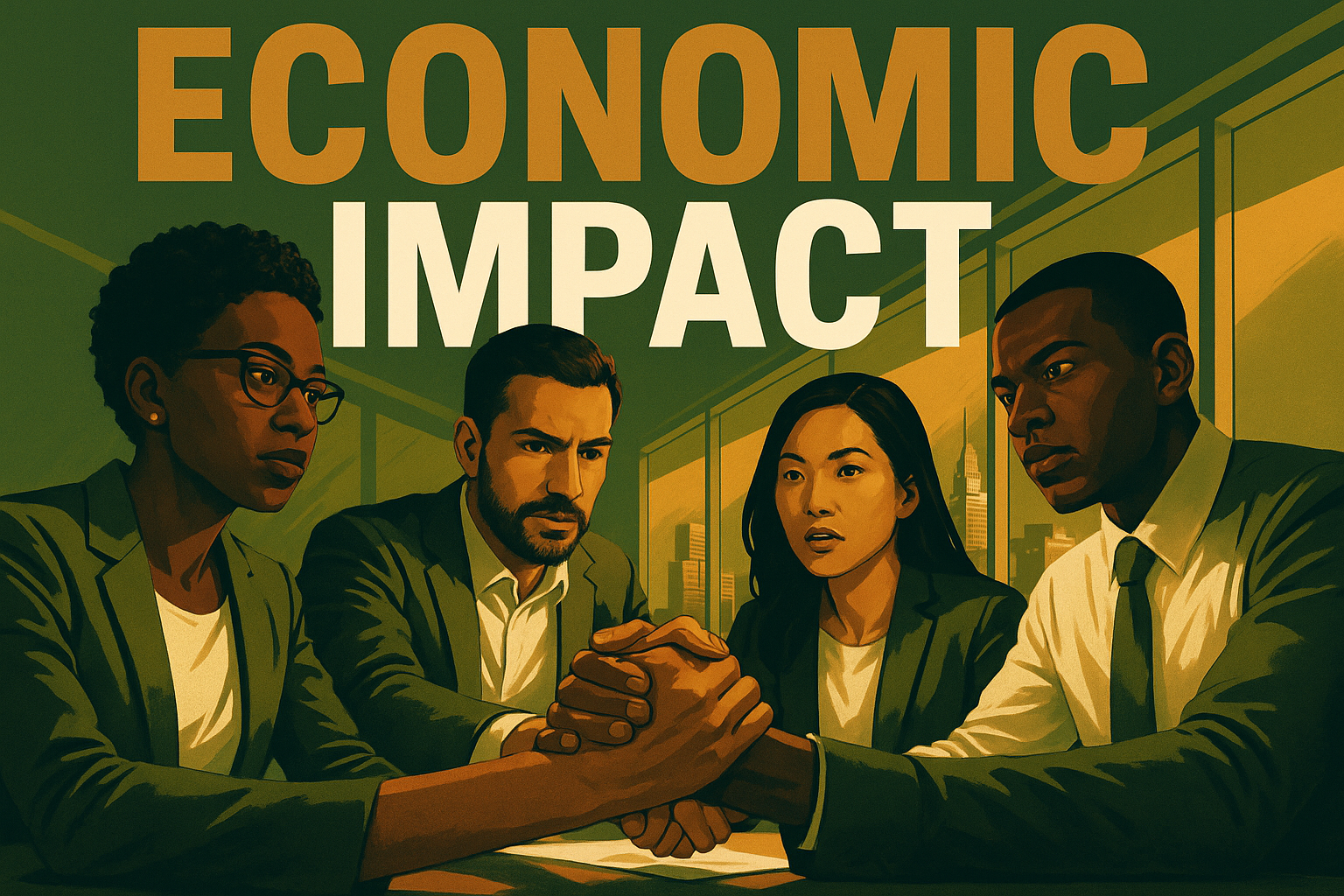 A cinematic image of a diverse group of people collaborating in a modern corporate setting, showcasing expressions of determination and engagement, with a bright and contrasting color palette of olive green, bronze, and white. Incorporate elements symbolizing diversity and inclusion, such as interlocking hands or a vibrant city landscape in the background. The phrase 'ECONOMIC IMPACT' should be prominently featured in large, bold font: 'ECONOMIC' in Bronze, 'IMPACT' in White, utilizing a dramatic, eye-catching composition that draws the viewer’s attention while maintaining a clean and effective design.