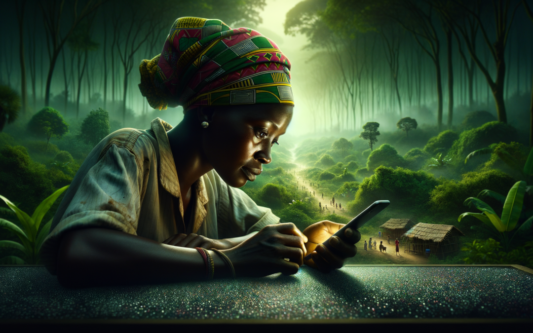 A cinematic style scene depicting a Congolese woman with deep brown skin, wearing a vibrant patterned head wrap and a faded work shirt, is crouched intently over a smartphone, her eyes filled with determination and hope. The ambient light filters softly through the green foliage of a dense jungle setting, casting dappled shadows that enhance the serene yet tense mood. In the background, faint silhouettes of trees and the outline of a small, makeshift village are barely visible, hinting at the complex interplay of technology and community life amid a transformative environment. The woman’s focus on the mobile device symbolizes the connection between resources and resilience, evoking themes of survival and progress. A subtle texture of shimmering minerals is scattered on a nearby surface, serving as a poignant nod to the ongoing struggle for peace. Above her, in simple, bold letters, reads the text: "Hope in Progress."