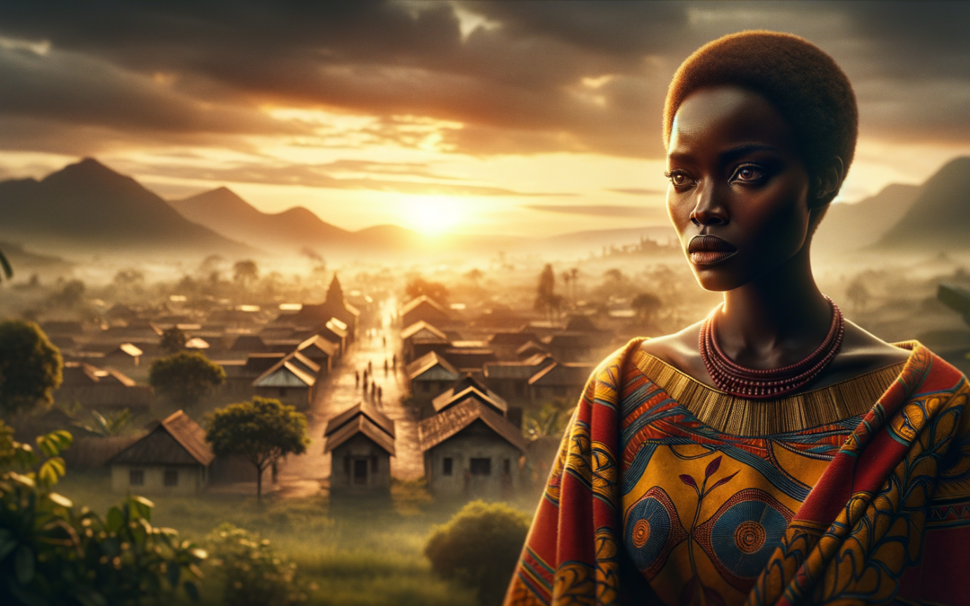 A cinematic style scene depicting a tense yet hopeful atmosphere as an African woman, of Congolese descent, stands at the forefront with a determined expression on her face, her deep brown skin glistening under the warm, golden light of dawn. She wears a vibrant traditional outfit, adorned with intricate patterns, symbolizing her resilience amid uncertainty. In the background, a serene town gradually awakens under the gentle hue of morning, with hints of both new beginnings and lingering unrest visible in the distant mountains. The woman raises her hand in a gesture of peace, embodying the theme of hope and negotiation despite the ongoing strife, while a hint of greenery contrasts with the town's subdued architecture. The image captures her strength and conviction, with the words "Unity in Strength" subtly woven into the scene, echoing the enduring hope for peace in her community.