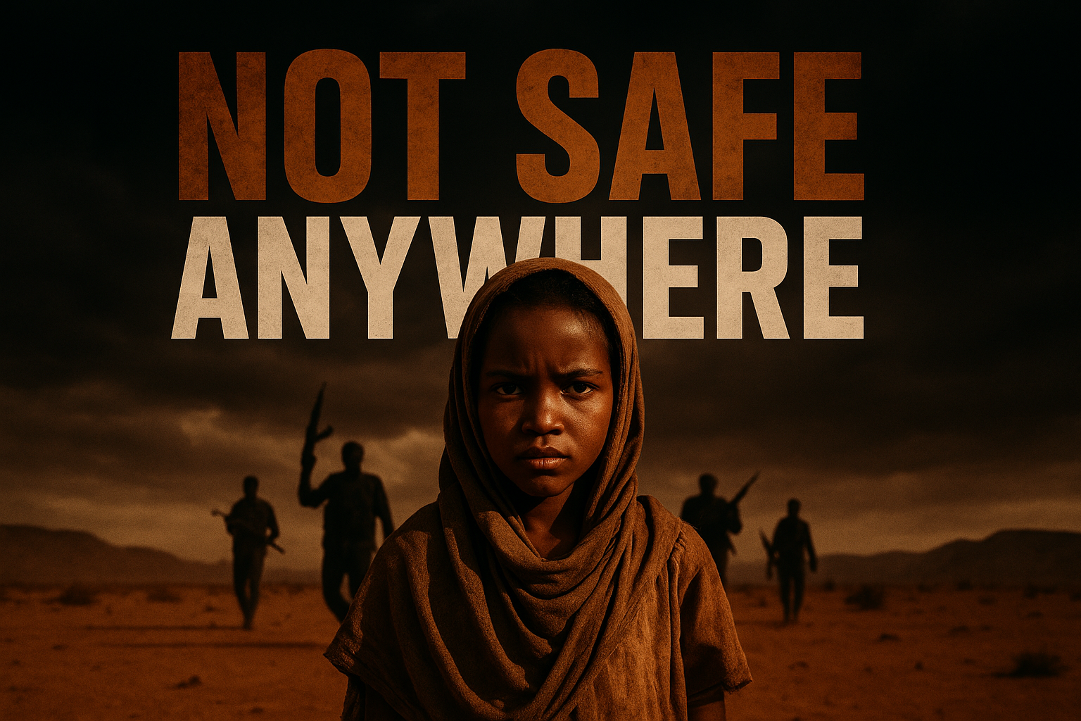 A cinematic image of a somber yet powerful scene in Darfur, showcasing a brave young girl with a determined expression, set against a stark desert backdrop with shadowy figures representing the surge in violence. Use deep contrast with a dark, foreboding sky and warm, earthy tones to evoke emotion. Incorporate the high impact phrase 'NOT SAFE ANYWHERE' in bold, dynamic typography—'NOT SAFE' in Bronze, 'ANYWHERE' in White—utilizing emotional lighting and focus to draw attention. Ensure the text stands out against the background, with all words in ALL CAPS, and positioned outside the 15% safe zone.
