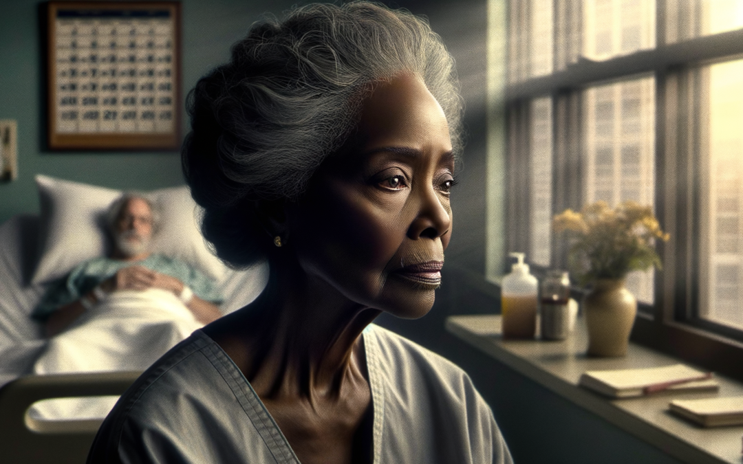 A cinematic style scene showcasing an emotionally expressive African American woman in her late 70s, with deep brown skin and gray-streaked hair, reflecting a blend of resilience and sorrow as she gazes thoughtfully out of a hospital window, her brow slightly furrowed and eyes filled with longing. The soft, natural lighting filters through the window, casting gentle shadows across her face, emphasizing the weight of her struggles. In the background, a muted hospital room is visible, with medical equipment and a calendar marking significant dates, symbolizing her prolonged battle for identity and access to care. The atmosphere is solemn yet hopeful, capturing the mood of determination amidst systemic challenges. The image subtly highlights a faded family photograph in her hand, representing cherished memories amidst her quest for recognition. Text superimposed reads: "It's Like I'm Nobody."