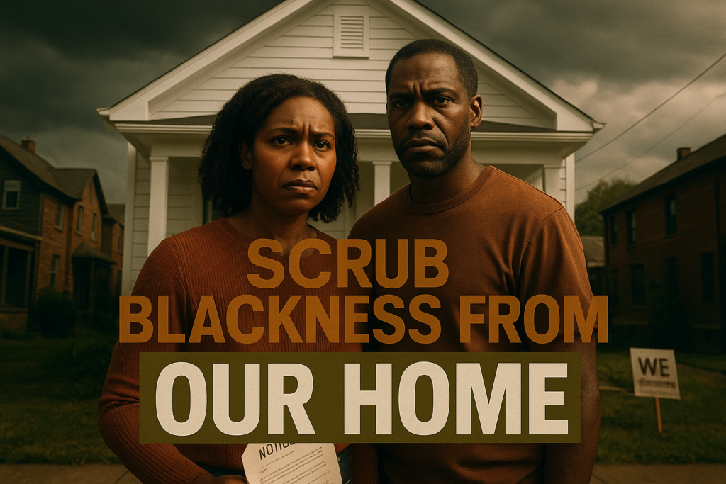 A cinematic image of a distressed African American couple standing in front of their home, painted in bright whites and neutrals to symbolize forced gentrification, with expressions of concern and determination on their faces; the background showcasing a contrasting neighborhood; incorporate elements of legal documents and protest signs subtly within the scene; bold text overlay reading 'SCRUB BLACKNESS FROM' in Bronze, 'OUR HOME' in White, with vibrant Olive accents; use strong contrasts of color and emotion to create an impactful, thought-provoking image that draws the viewer’s eye.