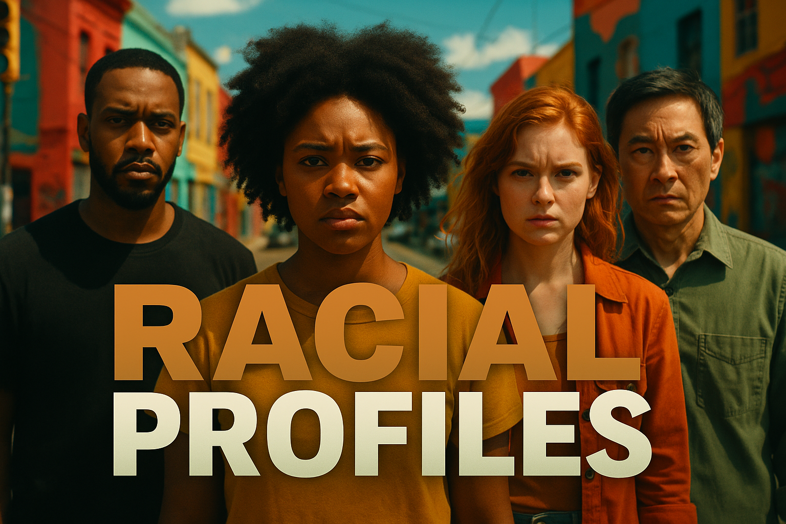 A cinematic image of a diverse group of people looking directly at the camera with an expressive and emotional range, set against a vibrant urban backdrop. The scene is infused with bright colors to evoke attention, emphasizing determination and unity. Use elements of contrast, particularly with black and bronze shades to accentuate the text. The phrase 'RACIAL PROFILES' should be large and prominent, with the first word in Bronze, the second in White, and the third in Olive Green. Ensure the text is arranged outside a 15% margin from the edges and is visually balanced to create a captivating thumbnail.
