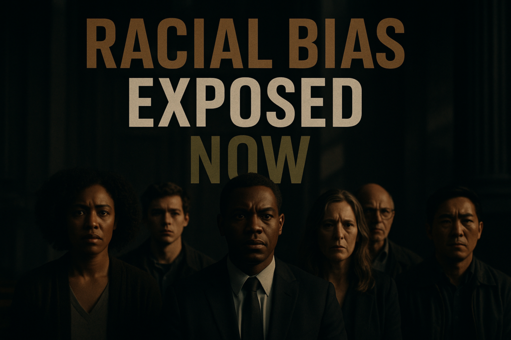 A cinematic image of a diverse group of people, with expressions of shock and contemplation, standing in a dimly lit courthouse as shadows loom around them, symbolizing injustice; bold text overlay reading 'RACIAL BIAS' in Bronze, 'EXPOSED' in White, 'NOW' in Olive, the colors contrasted against a dark background, evoke a sense of urgency and gravity; composition focuses on the faces of the individuals, leading lines draw attention towards the text.
