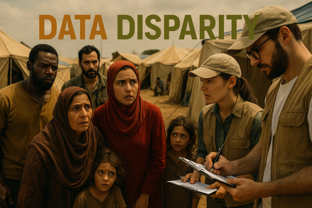 A cinematic image of a diverse group of internally displaced persons looking concerned and questioning as they engage with humanitarian workers collecting data in a makeshift camp. The setting should be emotionally charged, highlighting the power imbalance in the situation. Use bright colors to evoke urgency, especially contrasting bronze #966327 for the first word, white #ffffff for the second word, and olive green #778956 for the third word in the text. The text should read: 'DATA DISPARITY' on the image, placed outside the safe zone with optimal visual balance. The layout should avoid clutter, using the rule of thirds to draw attention to the faces and expressions of both the displaced individuals and the aid workers.