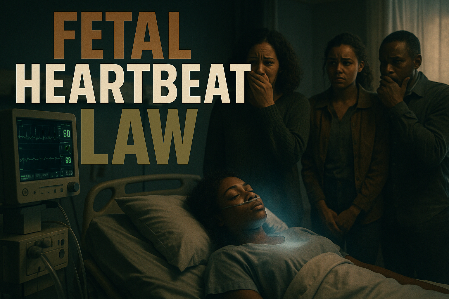 A cinematic image of a somber hospital room with a life support machine in the foreground; a young Black woman lying still, with a faint glow surrounding her, symbolizing her struggle; her family in the background, looking distressed and conflicted, with emotional expressions; the scene is illuminated with contrasting soft and harsh lighting to emphasize the gravity of the situation; in bold, impactful lettering, the phrase 'FETAL HEARTBEAT LAW' stands out prominently in a dramatic font, with 'FETAL' in bronze, 'HEARTBEAT' in white, and 'LAW' in olive green, keeping the text outside the margins for maximum visibility, while using a color palette that highlights the emotions of the moment without overcrowding the image.