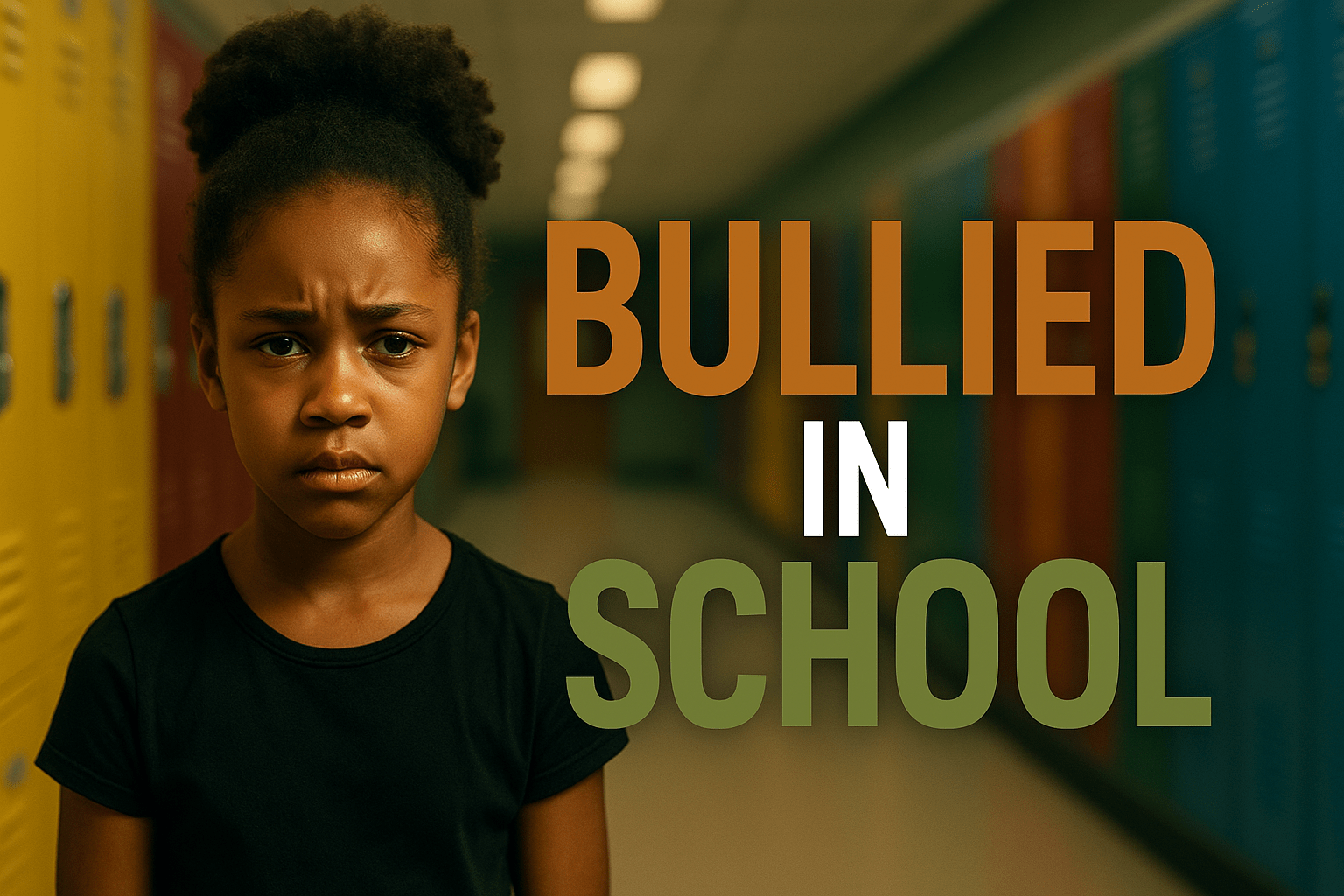 A cinematic image of an 11-year-old girl with an emotional expression standing defiantly in a school hallway, colorful lockers in the background, capturing feelings of resilience and vulnerability; bright colors contrast with deeper tones, the composition following the rule of thirds, leading lines directing attention to the girl, with the phrase 'BULLIED IN SCHOOL' in large, impactful font; 'BULLIED' in Bronze, 'IN' in White, 'SCHOOL' in Olive Green, text elements outside a 15% safe zone from the margins to ensure clarity and visibility.