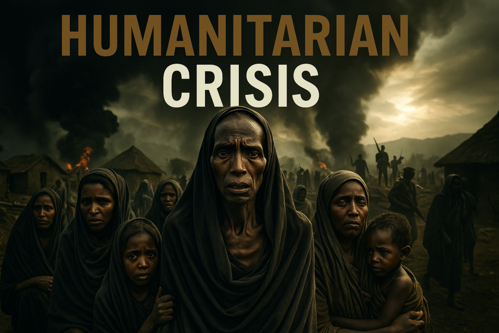 A cinematic image capturing the despair of civilians in conflict zones of the Great Lakes and Horn of Africa, with emaciated faces showing expressions of fear and hopelessness. The background depicts a chaotic scene of displacement, smoke rising in a war-torn village, and armed conflict in the distance. The colors are stark with a contrast of dark shadows and rays of sunlight breaking through, symbolizing a glimmer of hope. The foreground features a group of women and children huddled together, their dark faces conveying deep emotion. Use the color palette of Black (#000000), Olive Green (#778956), Bronze (#966327), and White (#ffffff). Include the text 'HUMANITARIAN CRISIS' in bold, capitalized letters; 'HUMANITARIAN' in Bronze, 'CRISIS' in White, and position it prominently outside the 15% safe zone of the margins for maximum impact, ensuring the words stand out against the background.