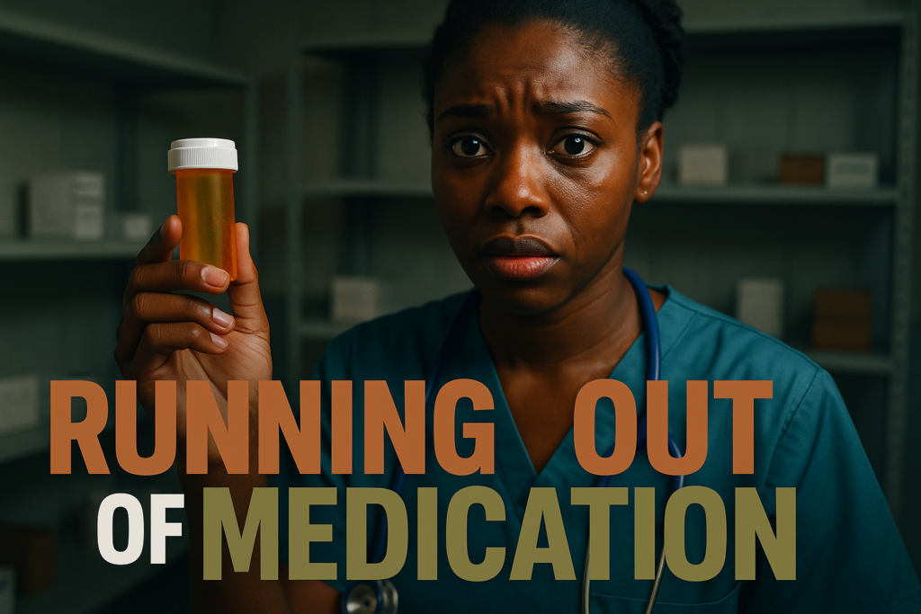 A cinematic image of a concerned Haitian healthcare worker holding an empty medication bottle in a stark hospital setting, bright eyes filled with worry, with shelves partially stocked behind them, contrasting the emotional expression; vibrant colors in the foreground that highlight the urgency of the situation, the phrase 'RUNNING OUT OF MEDICATION' in large, impactful font, 'RUNNING OUT' in Bronze, 'OF' in White, 'MEDICATION' in Olive, with text positioned outside the margins, creating an emotional and visually striking thumbnail.