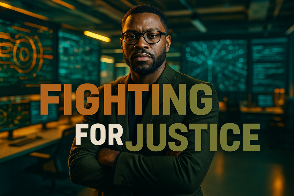 A cinematic image of a determined Black entrepreneur standing confidently in a modern tech office, with a dynamic background showcasing high-tech visual elements. The lighting is bright and vibrant, emphasizing the entrepreneur's passion and drive. The color scheme includes bold accents of Bronze, Olive Green, and Black, enhancing the overall composition. Overlay the high impact phrase 'FIGHTING FOR JUSTICE' in bold text, with 'FIGHTING' in Bronze, 'FOR' in White, and 'JUSTICE' in Olive, ensuring the text stands out against the background.