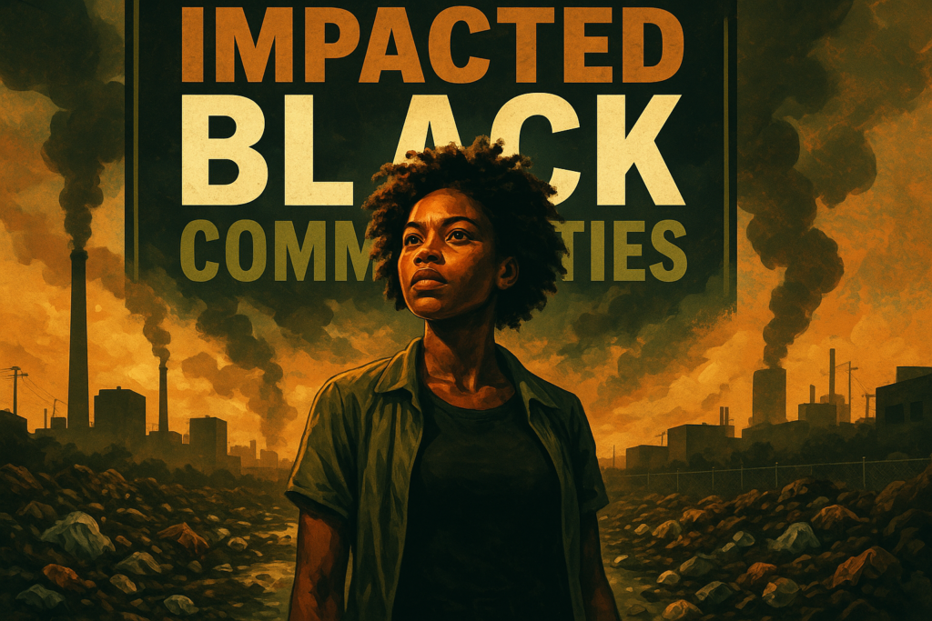 A cinematic image of a powerful, emotive young Black woman standing in a polluted urban environment, conveying a sense of resilience and determination. Vibrant colors are used to highlight the contrast between the grim backdrop and her hopeful expression. The scene is framed with rich bronze, olive green, and black elements, emphasizing the theme of environmental injustice. 'IMPACTED BLACK COMMUNITIES' is prominently featured in bold, all-caps lettering: 'IMPACTED' in bronze, 'BLACK' in white, and 'COMMUNITIES' in olive green, designed to pop against the background, utilizing effective composition techniques to grab viewers' attention while adhering to safe zone margins.