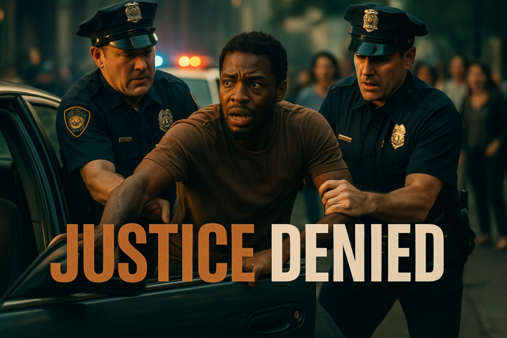 A cinematic image of a distressed Black man being pulled from his car by police officers in a tense street scene, with the man showing a mix of fear and confusion. The background shows a blurry police car and a crowd watching in shock. The colors are contrasting, with bright highlights on the police uniforms against the darker tones of the scene. The high impact phrase should be displayed prominently: 'JUSTICE DENIED' in bold letters. The word 'JUSTICE' in Bronze, 'DENIED' in White, set against a dramatic backdrop. Ensure that the text remains outside a 15% safe zone from the margins.