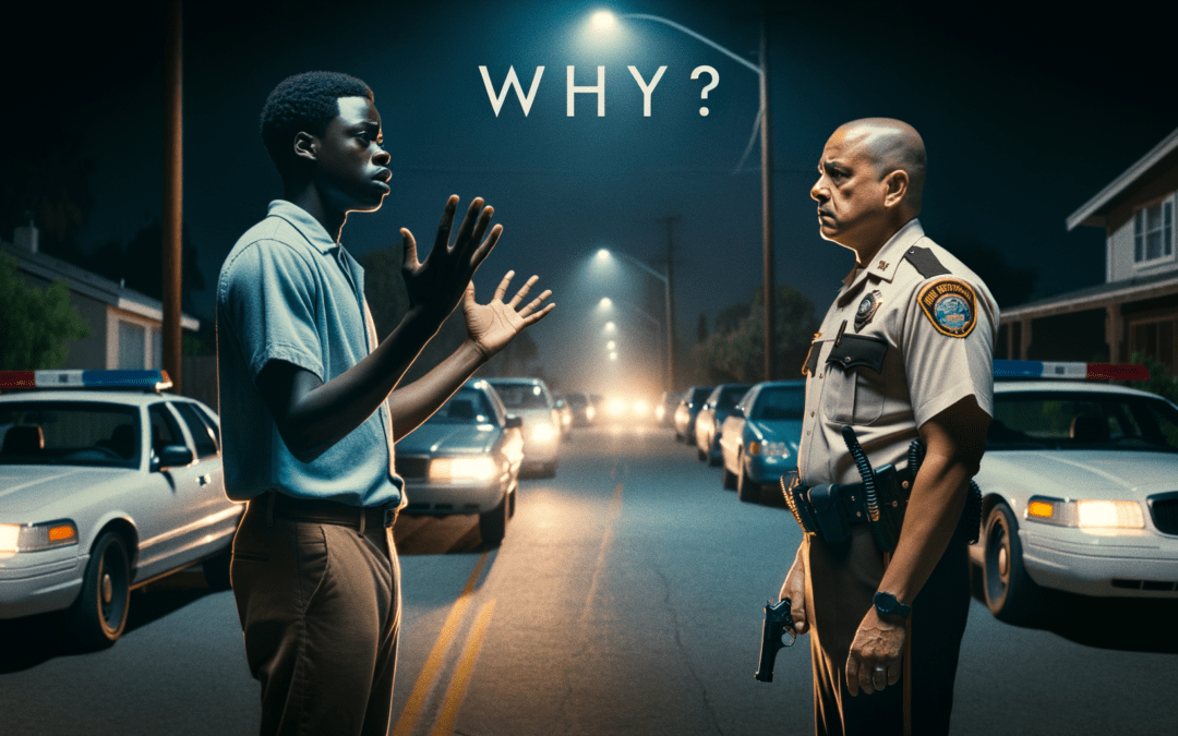 A cinematic style scene set in a dimly lit residential street at night, illuminated by the soft glow of streetlights. In the foreground, a Black man with medium brown skin, dressed in a simple blue collared shirt and khaki pants, has his hands raised as he appears to question an authority figure beside him. His expression is a mix of confusion and concern. Behind him stands a uniformed Las Vegas Deputy City Marshal, a Hispanic man with a closely shaven head and a stern facial expression, brandishing a taser while using a commanding posture. The background features a quiet suburban neighborhood with parked cars lined along the curb and faint shadows cast by trees, reflecting a sense of tension and unease. The image encapsulates the theme of authority and intimidation, aiming to evoke empathy and highlight the emotional strain of the encounter. Text overlay reads "Why?"