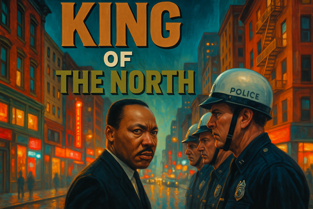 A cinematic image of a determined Martin Luther King Jr. standing in an urban landscape, confronting police officers with a powerful gaze, capturing his fight against police brutality in the North; the background features contrasting vibrant colors of city life; emphasis on emotional expressions; use of lighting to highlight King and police, framed by buildings; include the text 'KING OF THE NORTH' in bold: 'KING' in bronze, 'OF' in white, 'THE NORTH' in olive green, using a dynamic font that pops against the backdrop, adhering to specified color palette and layout guidelines.