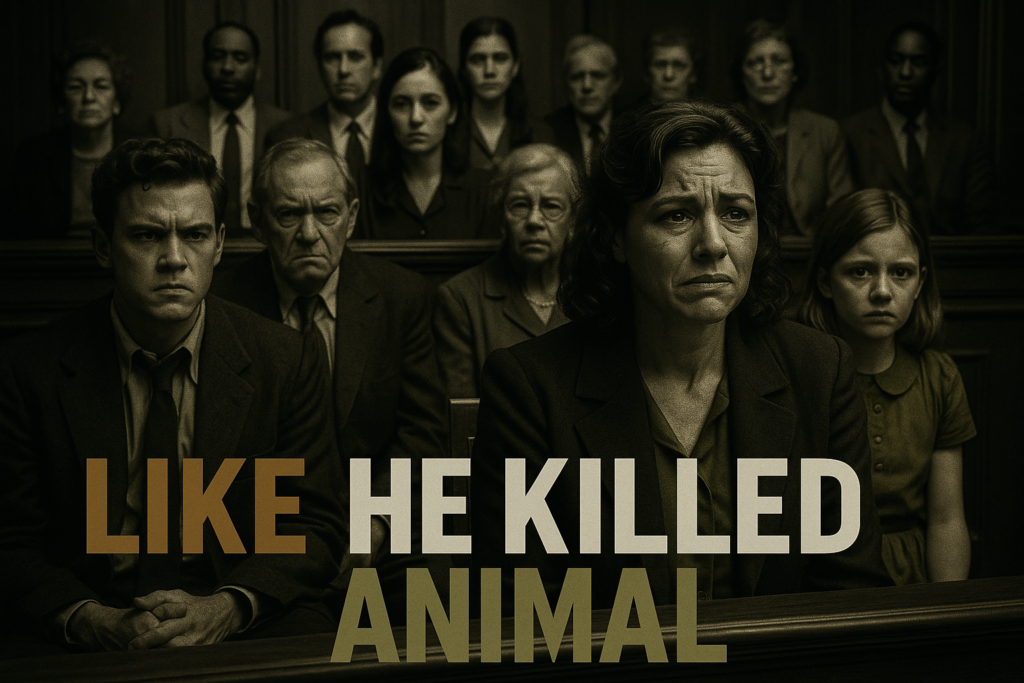 A cinematic image of a courtroom scene, filled with tension and emotion, capturing the faces of an outraged family and solemn jurors; contrasting black and white tones to emphasize the gravity of the trial, with splashes of olive green and bronze to highlight details; a prominent emotional expression on the mother's face, reflecting anguish and determination; in bold letters across the bottom, 'LIKE HE KILLED ANIMAL' in bronze for 'LIKE', white for 'HE KILLED' and olive green for 'ANIMAL', all caps, strikingly positioned with high contrast that pulls the viewer's attention, ensuring the text occupies the lower portion of the image outside the safe zone.