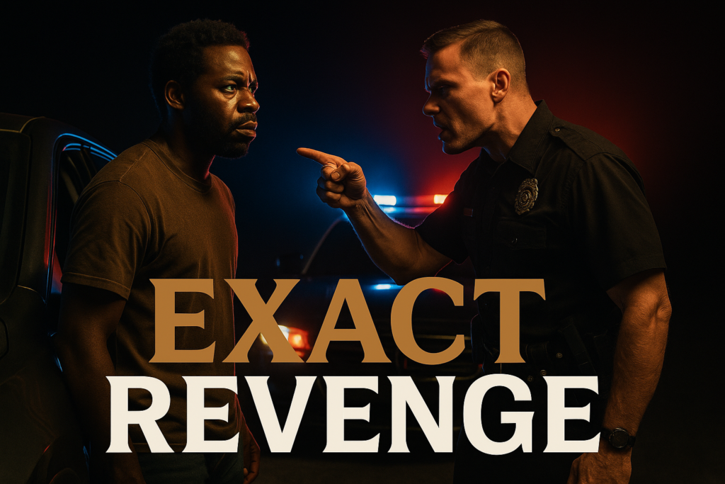 A cinematic image of a tense traffic stop scene featuring a distressed Black man with a determined expression standing beside his vehicle, illuminated by the harsh glow of police lights, with an aggressive-looking white police officer in a commanding stance, both showing strong emotions of defiance and authority. The background should be dark to emphasize the characters, with a contrast between the bright blue and red lights of the police vehicle. Incorporate bold text in the foreground that reads 'EXACT REVENGE' in a striking font, with 'EXACT' in Bronze, 'REVENGE' in White, and using Olive for any additional word if needed. Ensure the composition follows the rule of thirds, creating a visual tension between the characters, while maintaining a clean and impactful look without clutter. Use brand colors effectively to enhance the emotional weight of the scene, avoiding any borders or empty spaces, and keeping the text outside of the 15% safe zone from the margins.