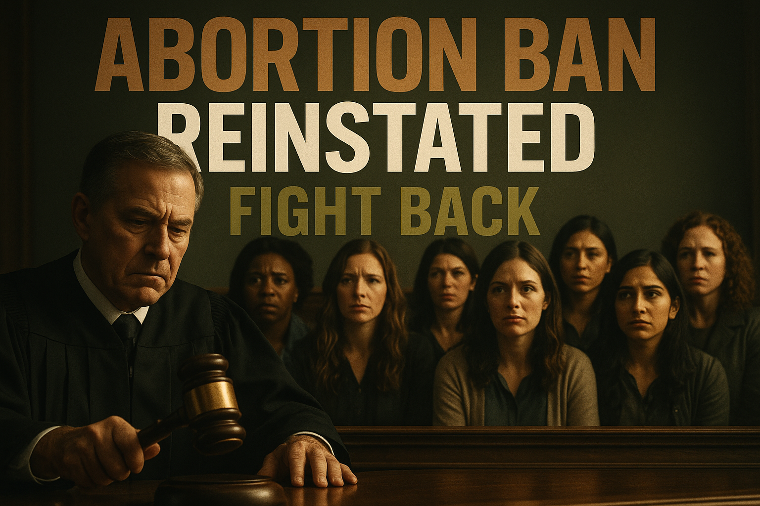 A cinematic image of a divided courtroom, with a somber judge holding a gavel in the foreground, while in the background, a diverse group of concerned women of varying ethnicities look on with expressions of anxiety and determination, set against an olive green and bronze color palette, with dramatic lighting emphasizing their faces; the phrase 'ABORTION BAN' in bold bronze at the top, 'REINSTATED' in striking white below it, and 'FIGHT BACK' in vibrant olive green at the bottom, all text elements separated from the background, ensuring visual impact while adhering to safe margins.