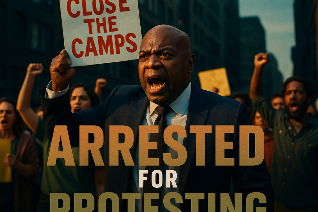 A cinematic image of Newark's Mayor Ras Baraka, passionately protesting outside a newly opened immigration detention center, holding a sign with a determined expression, surrounded by a diverse group of supporters; bright colors highlighting their emotions, with a contrast of shadowy buildings in the background to emphasize urgency while ensuring the text 'ARRESTED FOR PROTESTING' in large, bold font dominates the foreground, with 'ARRESTED' in Bronze, 'FOR' in White, 'PROTESTING' in Olive, all with a clear separation from the background.