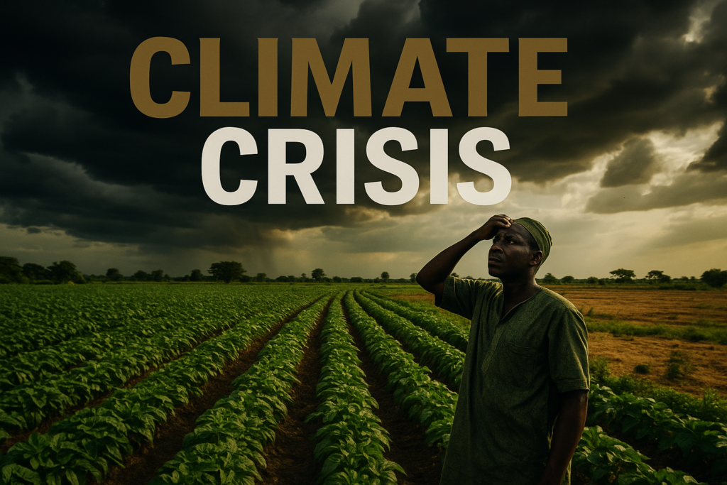 A cinematic image of a lush Nigerian farm with rows of crops, showcasing a farmer looking worriedly at the sky filled with dark clouds, symbolizing the threat of climate change. The background features a stark contrast between vibrant green fields and dry patches to illustrate the impact of climate change on agriculture. The sky is dynamic, with hints of rain and sunlight. Overlay the high impact phrase 'CLIMATE CRISIS' in bold, with the word 'CLIMATE' in Bronze, 'CRISIS' in White, using a large, readable font that separates from the background. Ensure the text fits the aesthetic and follows the color scheme of Black, Olive Green, Bronze, and White, while remaining within the safe margin of the image.