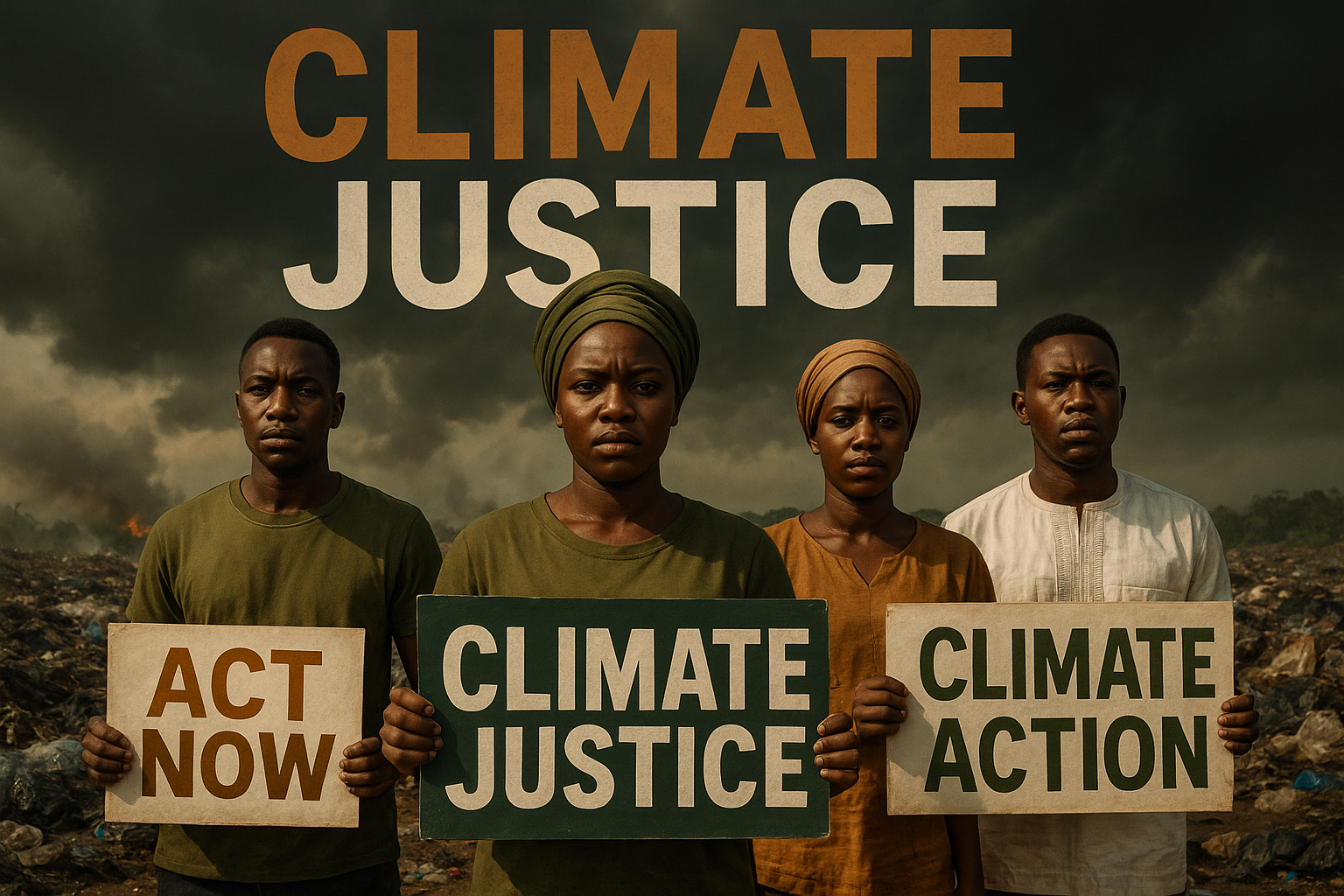 A cinematic image of a diverse group of Nigerian activists standing together in a polluted landscape, with determined expressions on their faces as they hold banners calling for climate justice, showcasing vibrant hues of olive green, bronze, and white; the sky contrasted with dark storm clouds to symbolize the urgency of their cause; the phrase 'CLIMATE JUSTICE' in bold, impactful font at the top, with 'CLIMATE' in bronze, 'JUSTICE' in white, all caps, creating a strong appeal and highlighting the movement’s mission, using the entire canvas without borders.