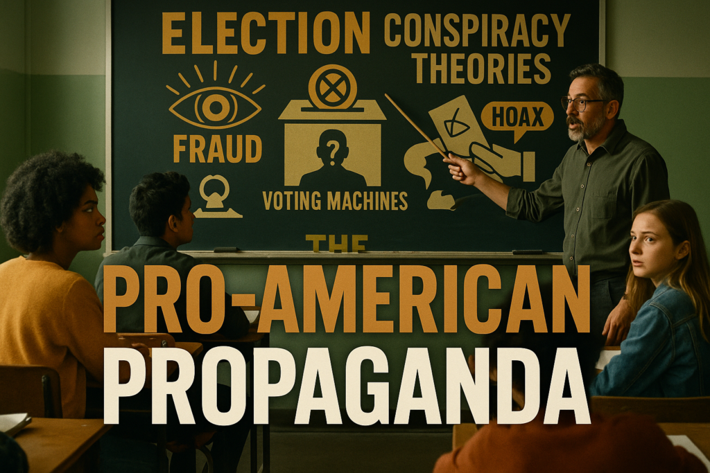 A cinematic image of a diverse classroom setting with engaged students and a passionate teacher pointing to a large, visually striking infographic displaying election-related conspiracy theories. Bright colors create contrast, emphasizing the seriousness and absurdity of the topic, while the faces of the students reflect curiosity and concern. In bold, attention-grabbing text, the phrase 'PRO-AMERICAN PROPAGANDA' dominates the foreground, with 'PRO-AMERICAN' in bronze, 'PROPAGANDA' in white, and 'THE' in olive green, ensuring high visibility and emotional impact. Use black, olive green, bronze, and white colors throughout the image for a cohesive brand look.