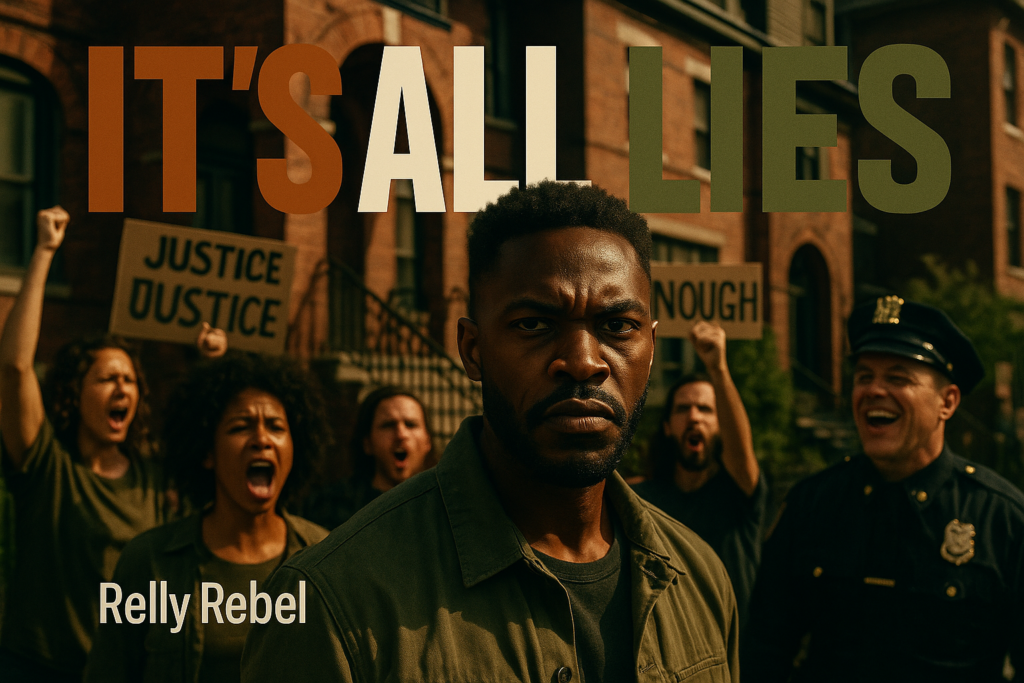 A cinematic image of a dramatic protest scene outside a Brooklyn home, featuring a group of diverse protesters holding banners and chanting passionately. In the foreground, a determined Black man known as ‘Relly Rebel’ stands confidently with a striking expression, capturing the intensity of the moment. In the background, a police officer is shown laughing, juxtaposed against the protesters to create a powerful narrative. The color palette should be vibrant, contrasting olive green, bronze, and shades of black and white to create an eye-catching effect. The high impact phrase 'IT’S ALL LIES' is prominently displayed in large, bold letters: 'IT’S' in bronze, 'ALL' in white, and 'LIES' in olive green, positioned outside of a 15% safe zone from the margins for optimal visibility.