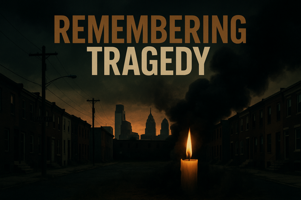 A cinematic image of a somber Philadelphia neighborhood skyline at dusk, showcasing the historic Osage Avenue with a focus on an empty lot where the MOVE headquarters once stood. Incorporate poignant symbolism such as a single burning candle in the foreground to represent remembrance, surrounded by dark, billowing smoke to evoke the tragedy of the 1985 bombing. The sky should transition from dark grey to a hint of fiery orange, highlighting the emotional impact of the event. Use stark contrast in colors with an emphasis on deep blacks, olive green shadows, and warm bronze highlights. Include the text 'REMEMBERING TRAGEDY' in a large, bold, and eye-catching font where 'REMEMBERING' is in bronze, 'TRAGEDY' is in white, and the 'AND' (if applicable) is in olive. Ensure the text is off-set for optimal visibility and emotional resonance, capturing the essence of reflection and healing.