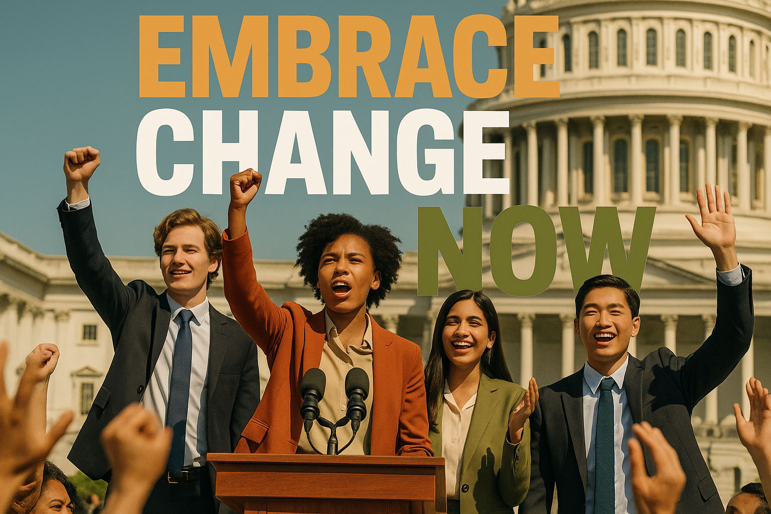 A cinematic image of a diverse group of young, progressive politicians standing confidently at a podium, passionately engaging with an enthusiastic crowd. The scene should capture vibrant energy and hope for the future, emphasizing generational diversity in leadership. A bright, contrasting color palette featuring bronze, white, and olive green, with a background of an iconic governmental building. Overlay text in bold, eye-catching font: 'EMBRACE CHANGE' with 'EMBRACE' in bronze, 'CHANGE' in white, and an additional word 'NOW' in olive, arranged for maximum impact and visibility without clutter, adhering to thumbnail psychology principles.