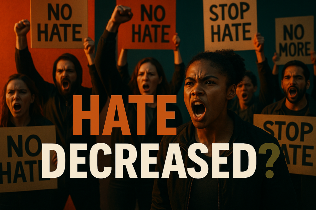A cinematic image of a stark, modern political protest scene with diverse individuals displaying intense emotions of anger and frustration, set against a backdrop of bold, contrasting colors. The crowd is holding signs reflecting anti-hate messages, with shadows and dramatic lighting creating a sense of urgency. The focal point features a close-up of a young woman of color leading a chant, her expression fierce and determined. Text overlay reads: 'HATE DECREASED?'. Use Bronze for 'HATE', White for 'DECREASED?', and Olive Green for '?' in a bold, impactful font. The composition uses the rule of thirds to draw the eye to the woman, while maintaining a sense of chaos in the background, utilizing brand colors: Black, Olive Green, Bronze, and White without any borders or blank areas.