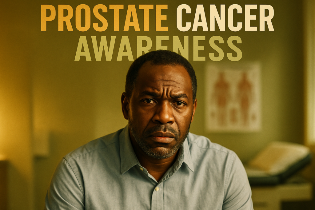A cinematic image of a concerned Black man in a doctor's office, showcasing an expressive face with a slight furrowed brow, symbolizing awareness and urgency about prostate cancer risks. The background should be softly blurred to emphasize the subject, utilizing high contrast with warm overly bright colors of olive green and bronze to create an inviting yet serious tone. The impactful phrase displayed prominently at the top in bold, all-caps font: 'PROSTATE CANCER AWARENESS' with 'PROSTATE' in bronze, 'CANCER' in white, and 'AWARENESS' in olive green, making sure the text stands out against the background and follows the composition rules for optimal visual balance. The entire canvas should be filled with engaging content, avoiding any borders or blank areas, reinforcing the importance of awareness in the Black community regarding prostate cancer symptoms and risks.