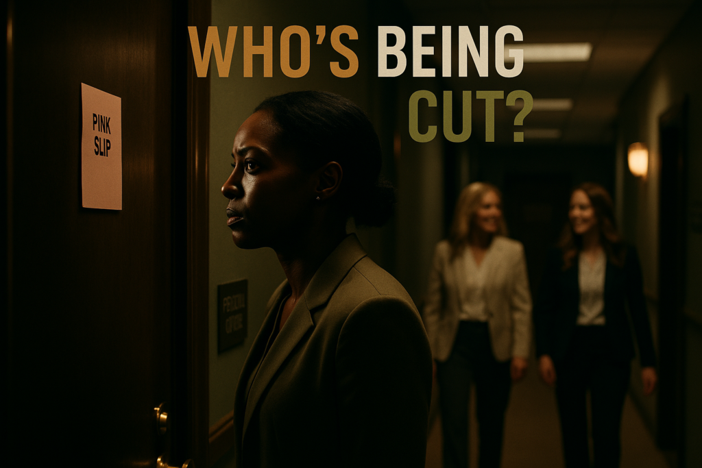 A cinematic image of a distressed Black woman in professional attire, looking contemplative yet strong, set against a backdrop of an urban landscape symbolizing economic challenges. The image should incorporate bright colors to evoke emotion, featuring contrasting shades of olive green and bronze. The composition should follow the rule of thirds, placing the woman off-center with a soft blur to emphasize her expression. The background should show subtle hints of workplaces like schools and hospitals to highlight the connection to lost jobs. At the top, in bold font, the words 'BLACK WOMEN' in Bronze, 'MUST RISE' in White, and 'AGAIN' in Olive, capturing attention and embodying resilience.