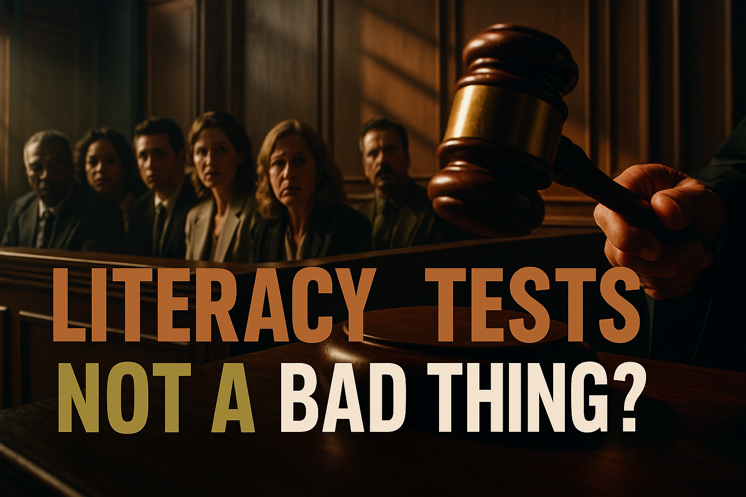 A cinematic image of a courtroom scene featuring a diverse group of concerned citizens looking on with mixed emotions as a judge's gavel looms large in the foreground, vibrant contrast with a dramatic play of shadows and light, emphasized with elements of anxiety and curiosity, colors highlighting the courtroom's tension; overlay text 'LITERACY TESTS' in bold Bronze, 'BAD THING?' in bold White, and 'NOT A' in bold Olive, ensuring text is prominent and engaging while adhering to safe margins, all designed to provoke thought and engage viewers on a contentious topic.