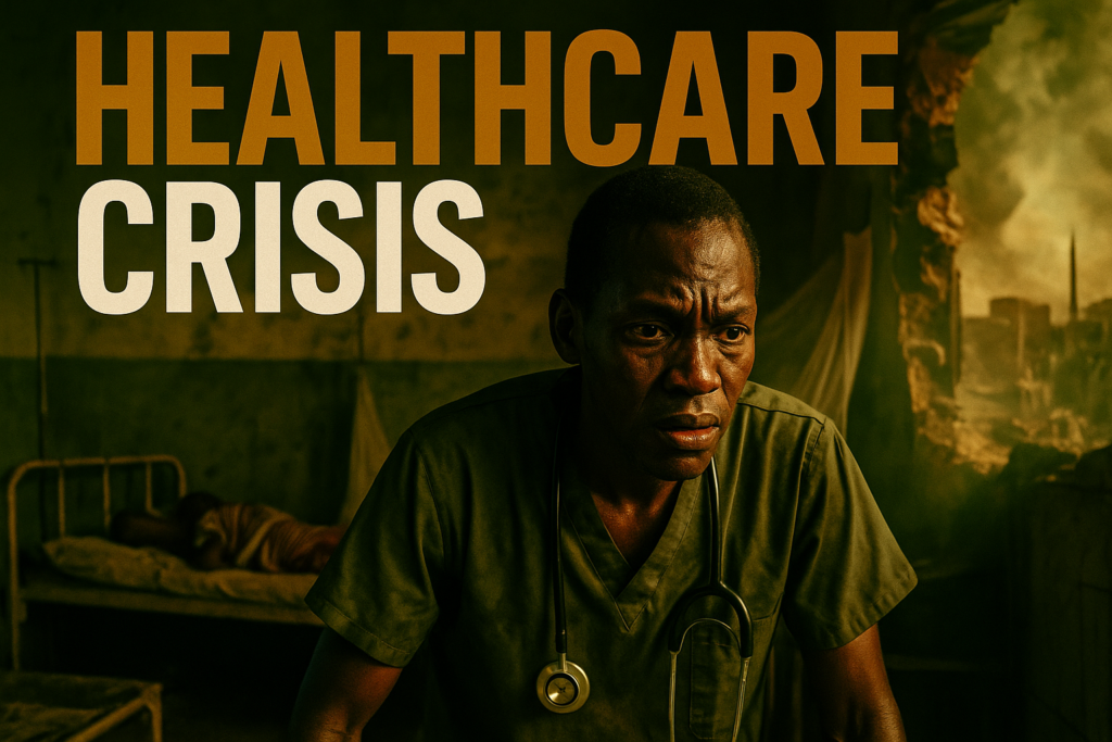 A cinematic image of a strained healthcare worker in a South Sudanese hospital, vivid expressions of concern on their face, surrounded by a backdrop of conflict and disease, with bright, contrasting colors of olive green and bronze accentuating the scene, capturing the essence of resilience and struggle, include the text 'HEALTHCARE CRISIS' in bold, the word 'HEALTHCARE' in bronze, 'CRISIS' in white, ensuring a visually striking layout that draws viewers' attention while respecting the composition rules.