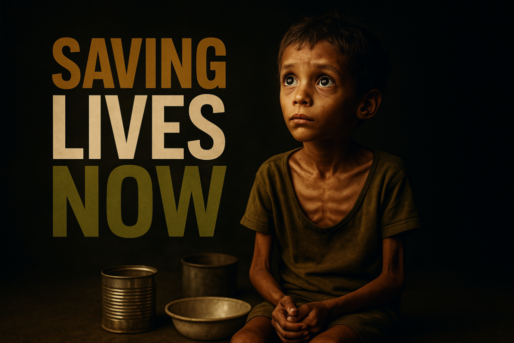A cinematic image of a malnourished child with expressive eyes and a hopeful gaze, set against a contrasting dark background illuminated by a soft, warm light. The child should be centered, embodying vulnerability and resilience, surrounded by sparse supplies like empty food containers. Use vibrant olive green and bronze hues to create a sense of both urgency and hope. The high-impact phrase 'SAVING LIVES NOW' should be prominently displayed in bold lettering, with 'SAVING' in bronze, 'LIVES' in white, and 'NOW' in olive green, creating a striking visual contrast against the background. Ensure the text is large and legible, with no more than 15% margin from the edges.