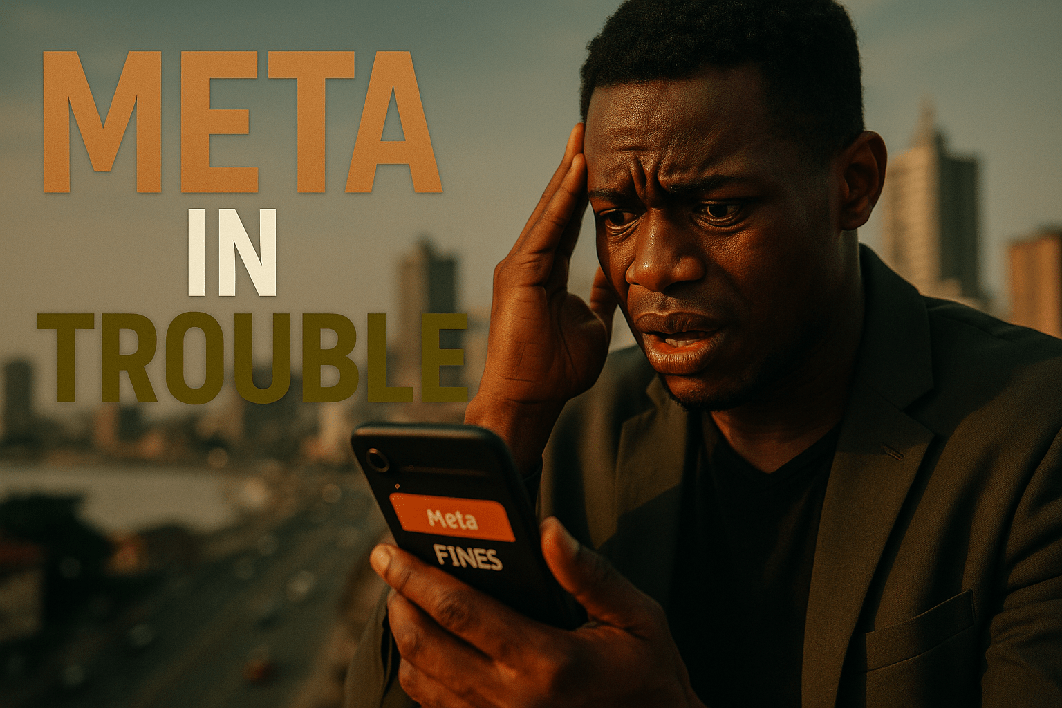 A cinematic image of a distressed young Nigerian entrepreneur looking at a smartphone with an alert about Meta's fines, bright colors highlighting expressions of concern, a blurred cityscape of Lagos in the background, the visual contrast between black and olive green tones, the text 'META IN TROUBLE' in large, bold font, with 'META' in bronze, 'IN' in white, and 'TROUBLE' in olive, ensuring all text is outside a 15% safe zone from margins, capturing the emotional impact of data privacy issues.
