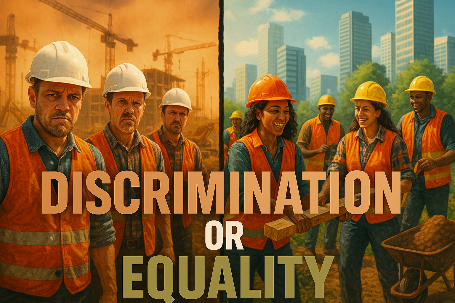 A cinematic image of a divided construction scene featuring two groups of workers: one group represented by white men in hard hats looking frustrated, and the other group consisting of women and people of color working together in a thriving environment. The background should depict contrasting landscapes of construction and urban development, highlighting inequality. Emphasize emotional expressions on the faces to capture the tension of the situation. Use bright, contrasting colors to enhance the visual impact. Overlay the high impact phrase 'DISCRIMINATION OR EQUALITY' in bold, large font. The word 'DISCRIMINATION' in Bronze, 'OR' in White, and 'EQUALITY' in Olive Green. Ensure text remains outside the 15% margin and is clearly legible against the background.