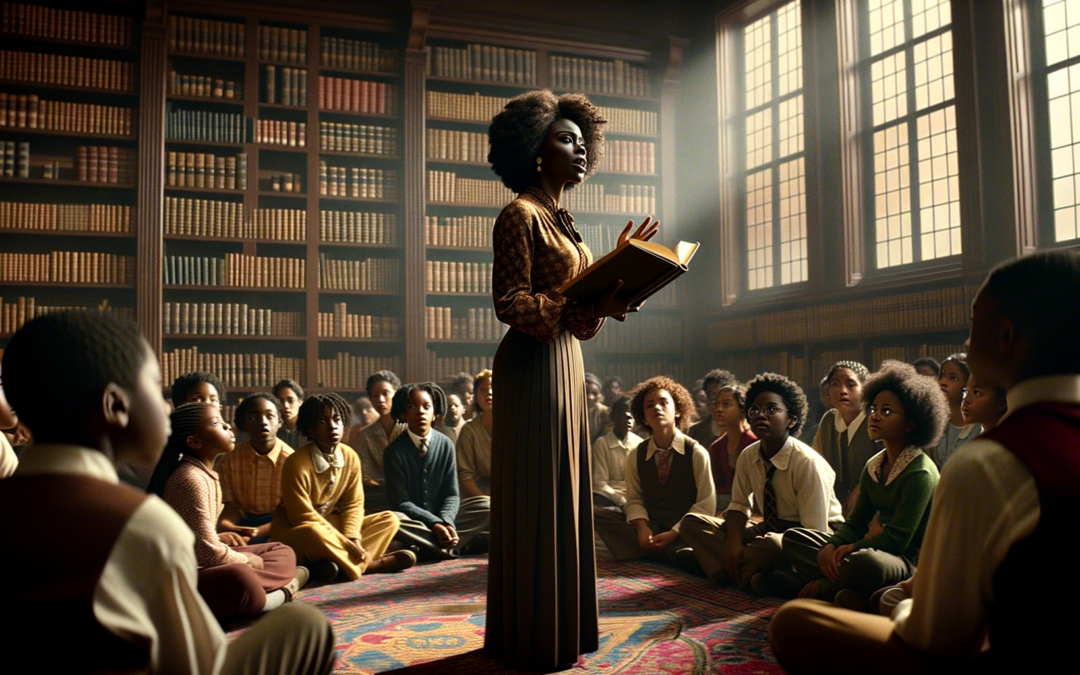 A cinematic style scene featuring a solemn, mid-30s Black librarian with natural hair and warm brown skin, holding an open book in one hand and gesturing with the other as she passionately addresses a group of attentive, diverse children seated on a colorful rug in a well-lit library. The librarian's expression is a mix of determination and empathy, conveying the weight of her message about the importance of preserving Black history amidst divisive narratives. The background showcases tall bookshelves filled with books and a large window letting in soft, golden afternoon light, creating an inspiring and hopeful ambiance, while a subtle banner in the corner reads "Preserve Our History" in elegant font. The overall mood reflects a sense of urgency to protect cultural narratives and promote unity.