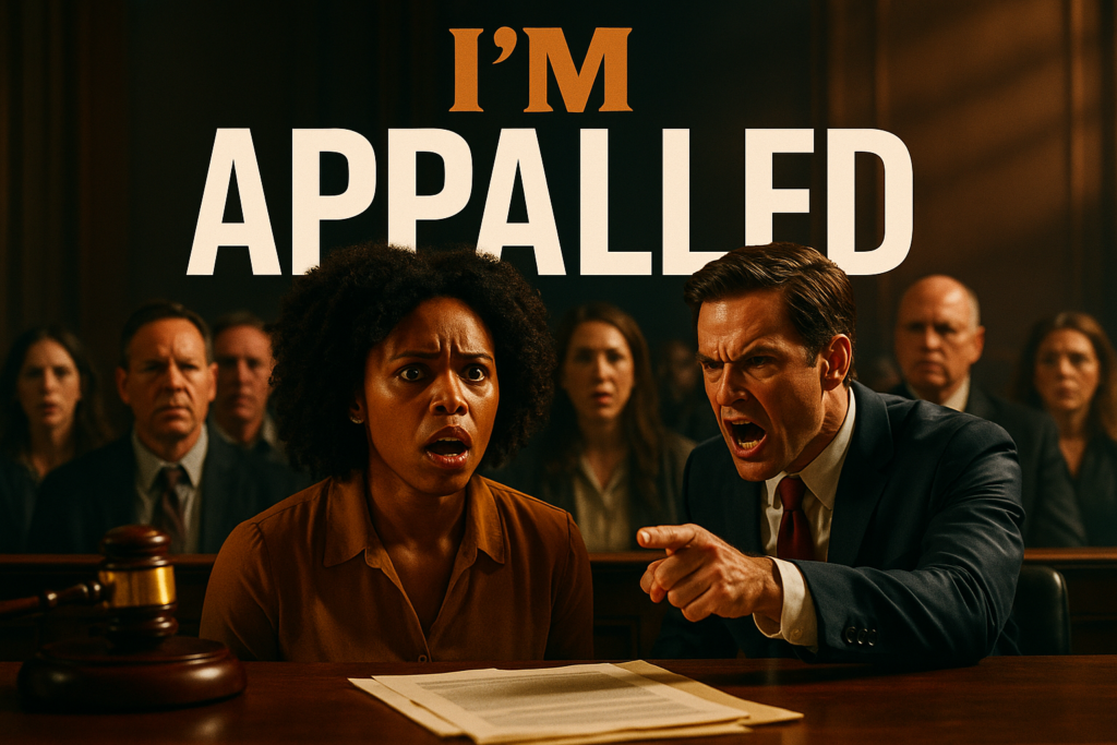 A cinematic image of a tense courtroom scene with a diverse group of people, including a shocked Black woman and a frustrated attorney, capturing expressions of disbelief and anger. The background shows a gavel and legal papers, highlighting the gravity of the situation. Use striking colors to create contrast, with the scene bathed in dramatic lighting to evoke emotion. Prominently include the high impact phrase 'I'M APPALLED' in bold, eye-catching typography: 'I'M' in bronze, 'APPALLED' in white, all caps and visually balanced, ensuring it stands out against the background. The composition should guide the viewer's eye to both the text and the main subjects, creating an immediate curiosity gap about the unfolding legal travesty.