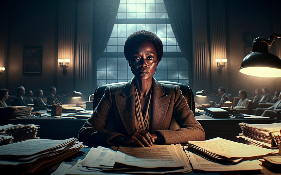 A cinematic style scene capturing a poignant moment in a dimly-lit government office. The focus is on a middle-aged Black woman with medium brown skin and short, natural hair expressing deep concern, her furrowed brow and serious gaze reflecting the weight of her thoughts. She is seated at a desk cluttered with legal documents, a glowing computer screen softly illuminating her features, symbolizing the bureaucratic struggle for civil rights. In the background, a large window reveals a stormy sky, metaphorically hinting at the turbulent political climate. The atmosphere is heavy with tension, evoking themes of resistance and the ongoing battle for equality. A single piece of text adorns the image: “Justice Matters.”
